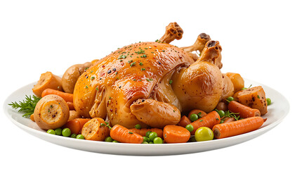 circular plate of a traditional roast chicken with roast potatoes, roast carrots, peas realistic food photography