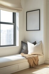 Fototapeta premium Cozy window seat with natural light and neutral tones.