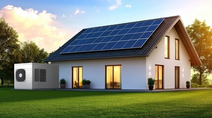 Obraz premium Serene Modern Exterior of a Contemporary House with Solar Panels, Air Conditioning Unit, and Lush Green Lawn Under a Bright Sky at Sunset