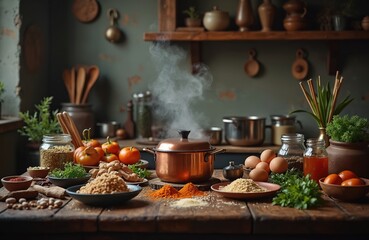 Rustic kitchen cooking still life. Food preparation on old wooden table with ingredients, vegetables, garlic, herbs, spices. Steam from pot. Warm cozy moody dark background with cooking utensils.