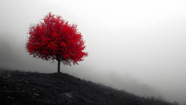 Red Autumn Tree Misty Hillside