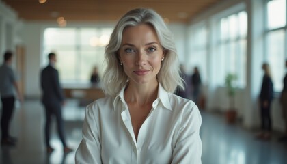 Confident professional woman stands poised in a modern office space during a busy workday in the city