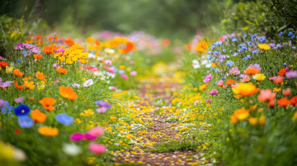 Colorful flower field with a walking path leading through blooming flora