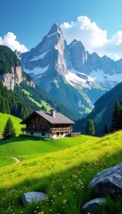Alpine chalet nestled in vibrant green meadow, majestic peaks rising , mountains, trees