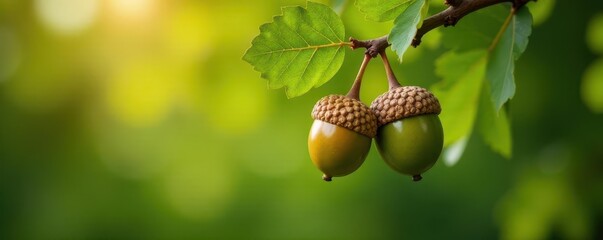 Shiny, new acorns hang heavy on sturdy oak bough , wood, background, strong
