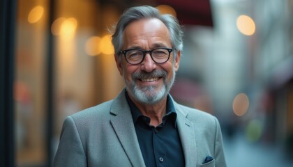 Fototapeta premium Distinguished gentleman smiling warmly in an urban setting during golden hour