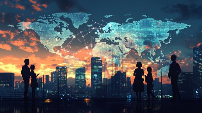 A world map silhouette with business people standing on it, representing a global network and connectivity in the corporate environment.