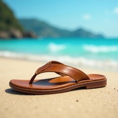 Naklejka premium Close-up of stylish brown leather flip-flops, blurred beach & sea , vibrant, sun