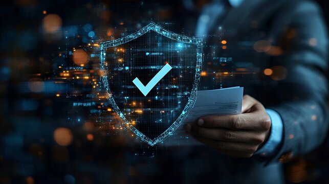 Digital Security Shield Icon with Checkmark in Futuristic Interface