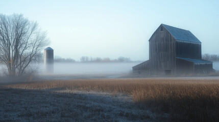 Early morning mist over a field with a classic barn and silo in the background © Chonticha