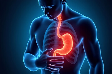 Outline of the human body in an X-ray with emphasis on the digestive system organs,esophagus and stomach,inflammation,illness or digestive problems,gastroesophageal reflux disease(GERD),stomach ulcers