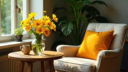 Sunlight illuminates a tranquil home interior scene featuring a vase of vibrant yellow flowers, a cozy armchair, and a wooden side table with a mug