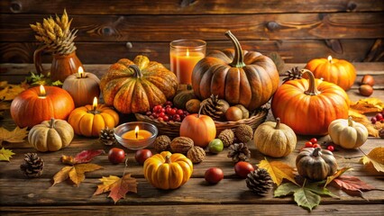 Autumnal Still Life Featuring Gourds, Candles, and Fall Foliage on Rustic Wooden Surface