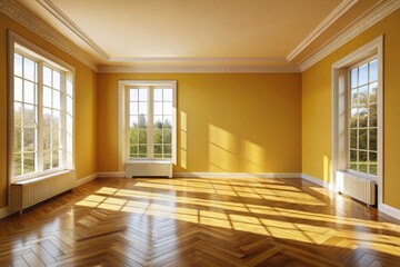 Obraz premium Sunlit Empty Room with Hardwood Floors and Large Windows Ideal for Home Staging