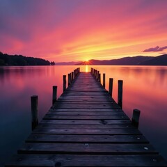 Fototapeta premium Rose-hued sunrise illuminates ancient wooden jetty on still lake, weathered, still, picturesque