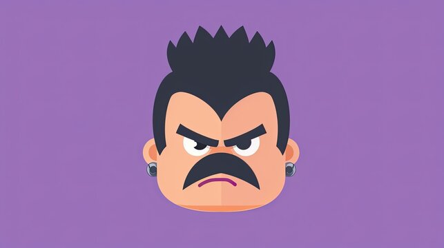 An avatar logo for the game app, in a cartoon style with a purple background and a simple design of a character's head with a mustache and mohawk hairstyle on top - Powered by Adobe