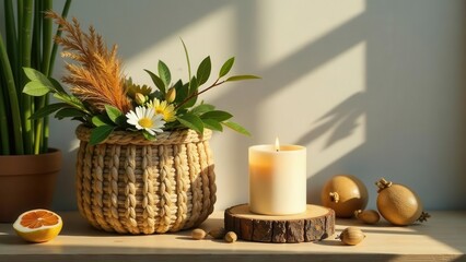 Fototapeta premium Sunlit Still Life Woven Basket of Daisies, Burning Candle, and Dried Fruit