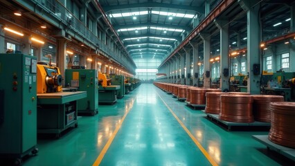 Fototapeta premium Vast Industrial Factory Interior with Rows of Machinery and Stacks of Copper Wire