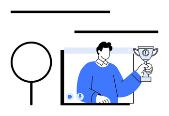 Person in video call holding trophy symbolizing success, surrounded by minimal graphic elements. Ideal for teamwork, awards, remote work, victory, recognition, online communication motivation. Flat
