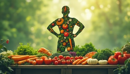 Stylized silhouette of a figure surrounded by fresh vegetables in a vibrant green garden setting during golden hour