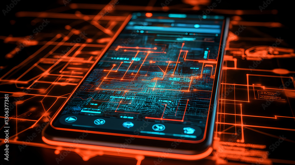 Poster digital circuitry display on smartphone tech workshop graphic design futuristic environment close-up