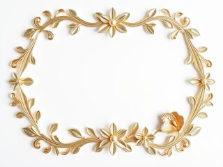 3D golden frame adorned with intricate flowers and leafs on a clean white background, shimmering, decor