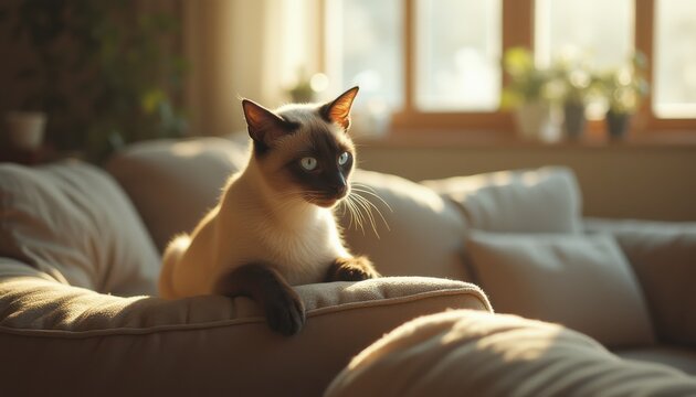 Cinematic capture of a serene Siamese cat relaxing in a sunlit living room - Powered by Adobe