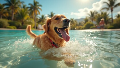 Joyful golden retriever swims playfully in a sunny tropical pool with palm trees and clear blue sky