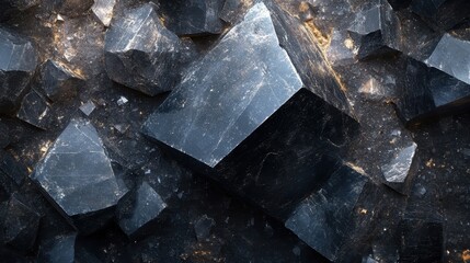 Close-up of shiny black obsidian crystals and textures