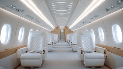 Luxurious private jet interior; spacious cabin