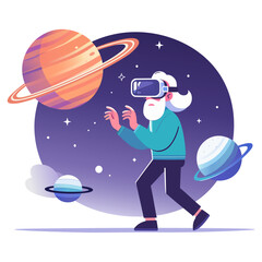 Oldman exploring virtual universe via VR, Virtual reality education