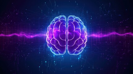 Futuristic background with the brain in the center surrounded with purple waves