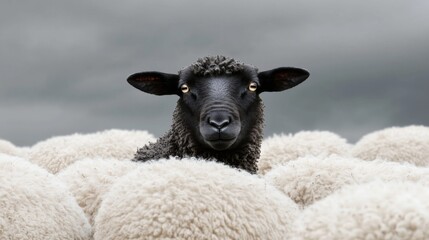Naklejka premium A black sheep stands out among a group of white sheep, set against a gray background, symbolizing individuality and uniqueness.