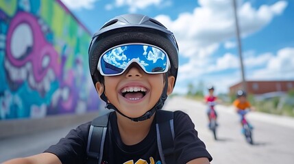 Happy boy biking, mural background