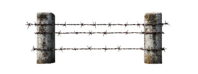 Aged rusty barbed wire fence on weathered concrete posts
