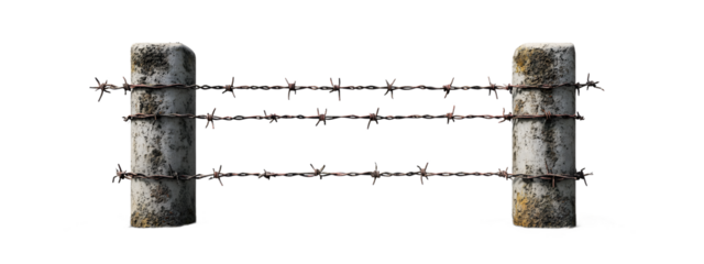 Aged rusty barbed wire fence on weathered concrete posts