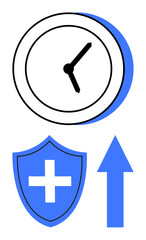 Clock representing time, shield with medical cross symbolizing protection, upward arrow indicating growth. Ideal for productivity, health, wellness, progress, success efficiency motivation. Flat