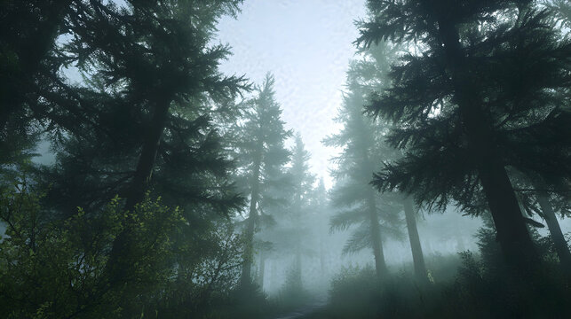 Ethereal forest canopy view shrouded in mystical fog, tall evergreen trees reach for the obscured sky