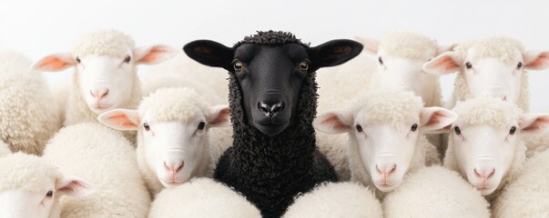 A striking black sheep stands out among a group of white sheep, symbolizing individuality and uniqueness in a flock.