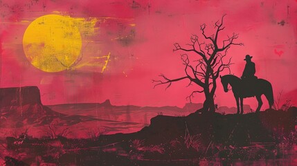 illustration of a cowboy on horseback in a desert at sunset