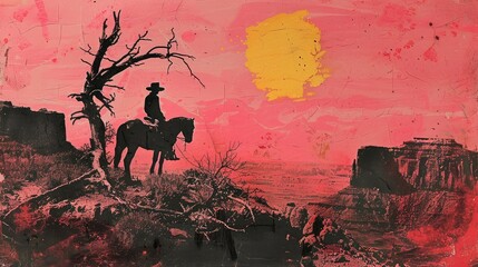 illustration of a cowboy on horseback in a desert at sunset