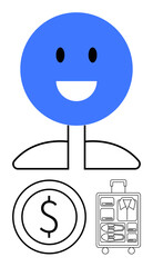 Simplistic person icon smiling above a dollar coin and a packed suitcase. Ideal for travel, personal budgeting, financial planning, savings, vacation planning, joy, lifestyle. Flat simple metaphor