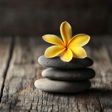 Serene yellow flower atop a balanced stack of gray stones