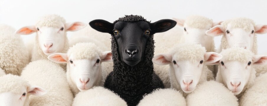 A striking black sheep stands out among a group of white sheep, symbolizing individuality and uniqueness in a flock.