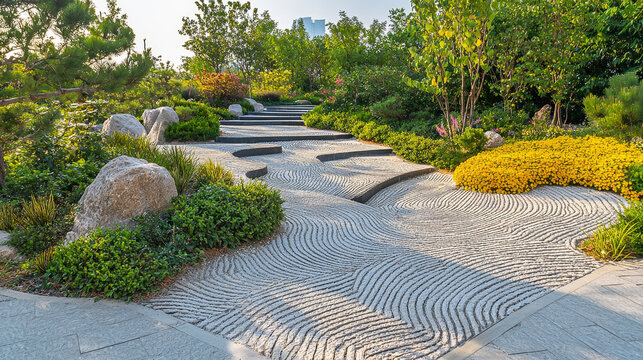 Serene garden path with patterned stone, lush greenery, and  rocks