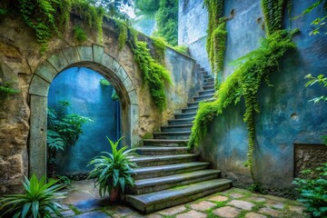 Naklejka premium Enchanted Stone Staircase Ascending Through a Lush, Verdant Courtyard with an Archway