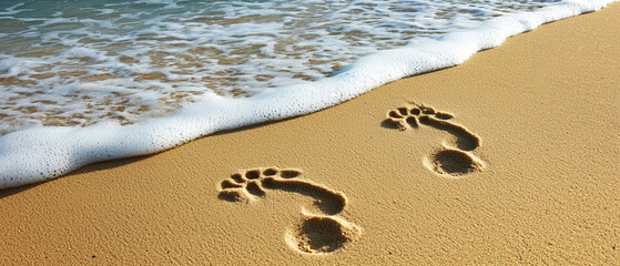 Ocean waves washing ashore, leaving footprints in the sand