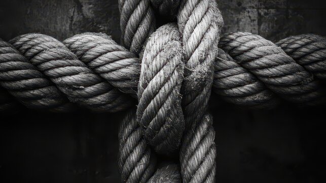 Close-up of interwoven thick rope knots on dark background