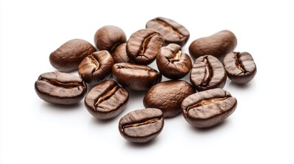 Fototapeta premium Beautifully roasted coffee beans lie on a pristine white surface, showcasing their rich, dark color and unique textures. Perfect for adding a touch of warmth to any beverage theme
