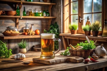 Fototapeta premium A rustic kitchen scene featuring a mug of golden beer on a wooden cutting board, accompanied by fresh herbs, garlic, and other ingredients, bathed in the warm sunlight streaming through a window.